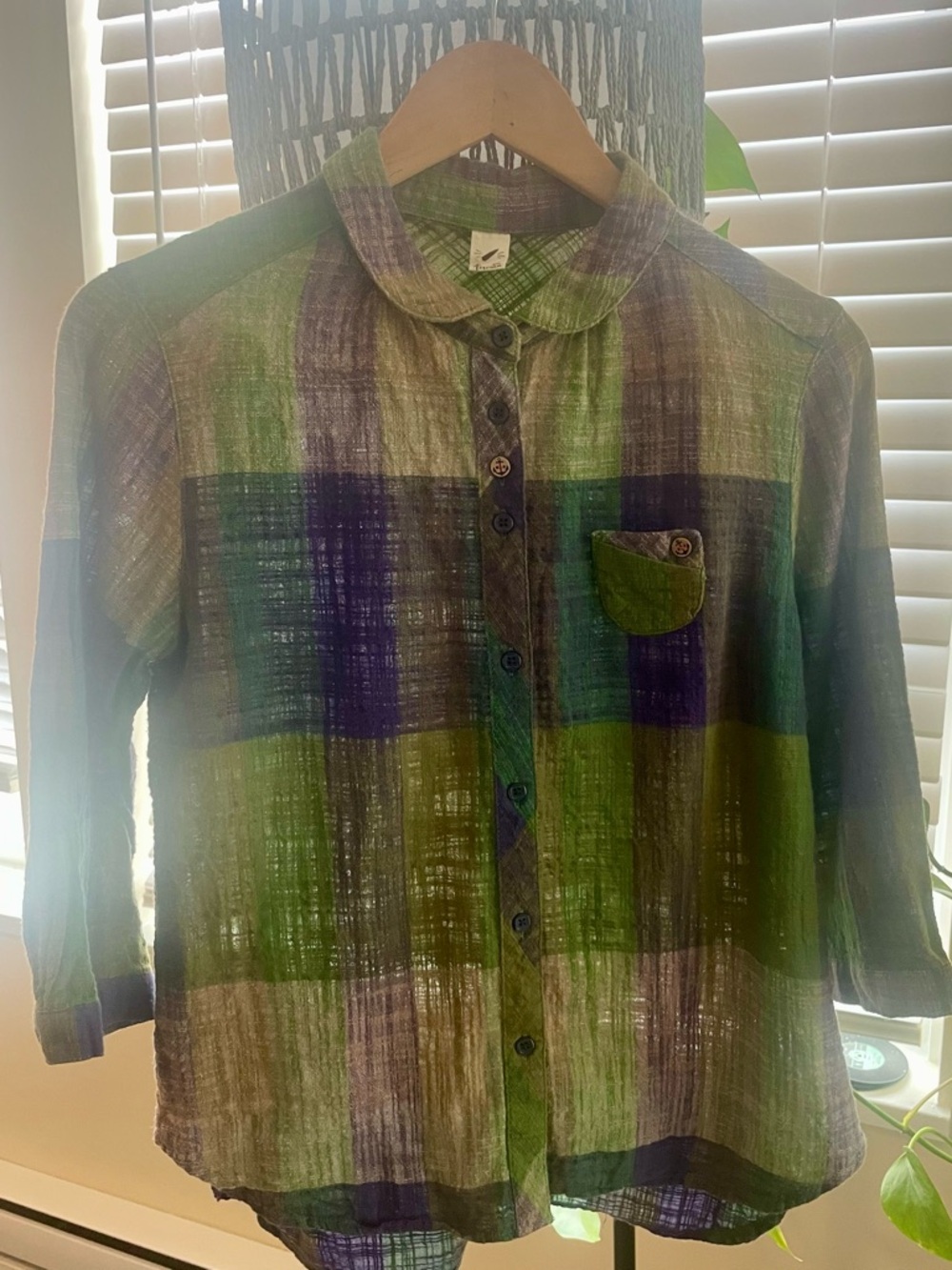 Source Unknown Green and Purple Plaid Button-Down Shirt